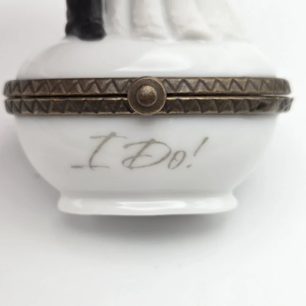 PHB Porcelain Hinged Trinket Box With Bride And Groom Wedding Cake Topper I DO!